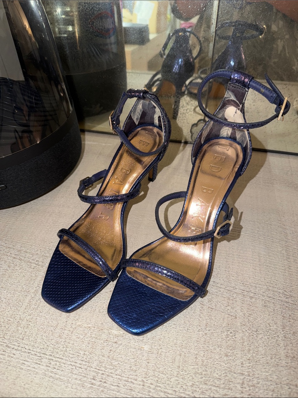 Ted Baker Navy Blue Strappy Leather Heeled Sandals